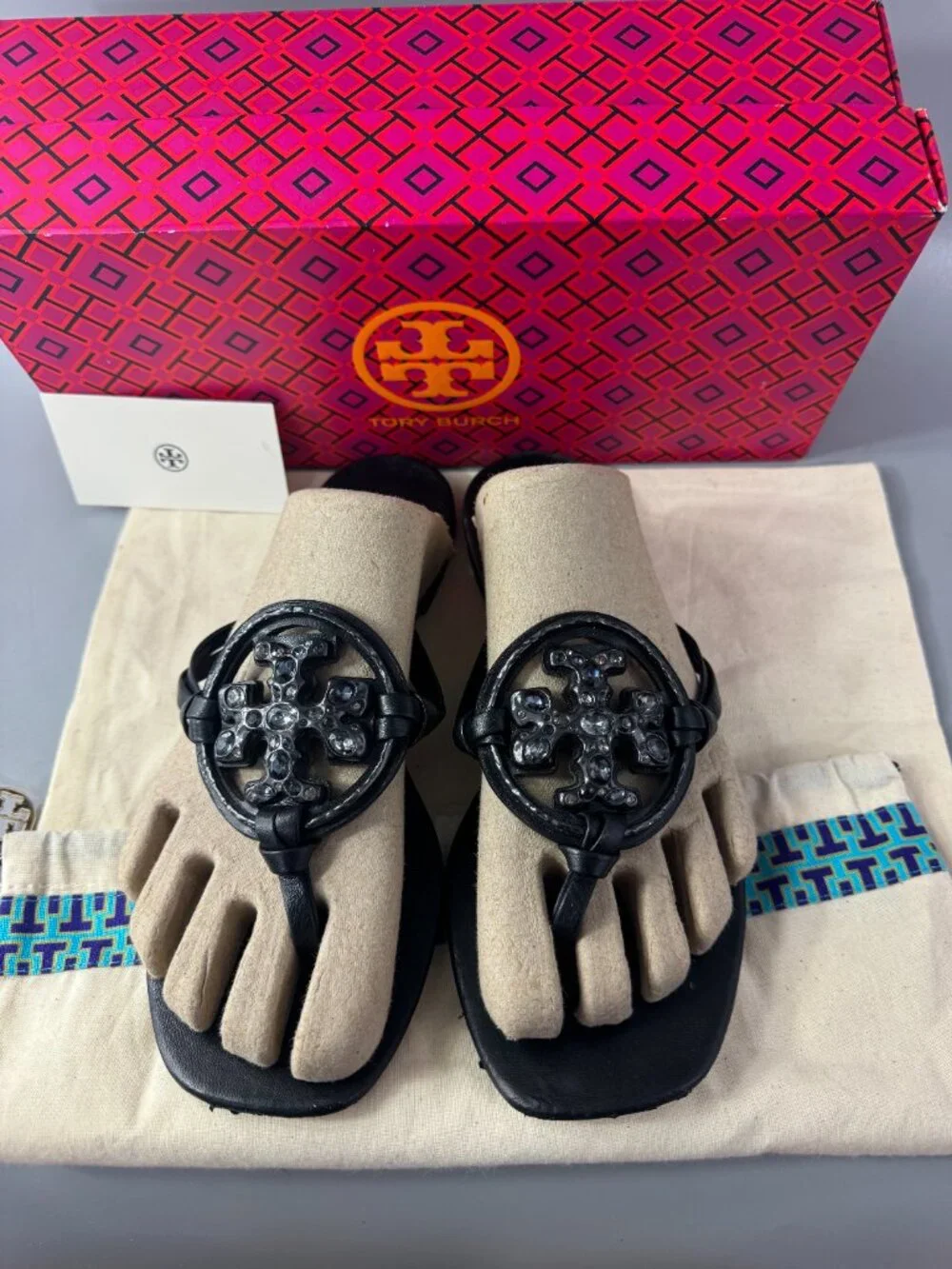Tory Burch Embellished Crystal Miller Black Leather Sandal, Size 8